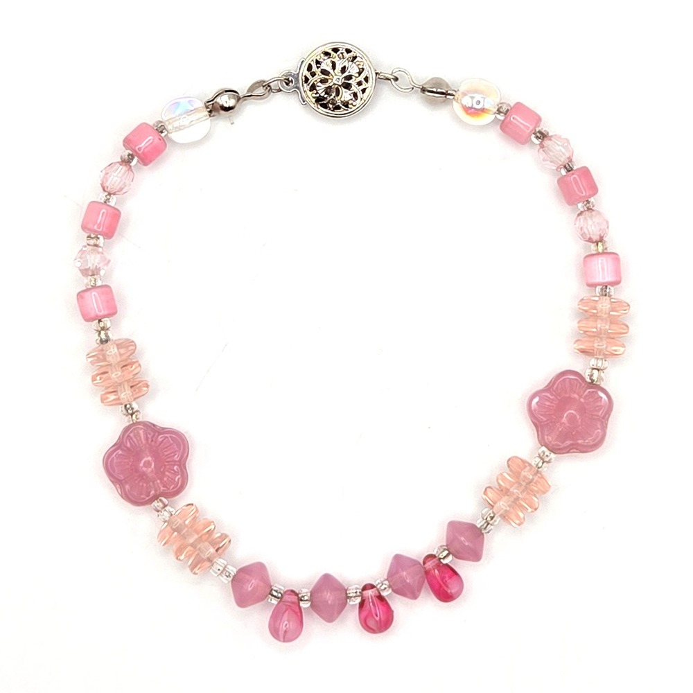 Pink Glass Flower Beaded Bracelet Iridescent Accents Sterling Filigree Clasp 7"